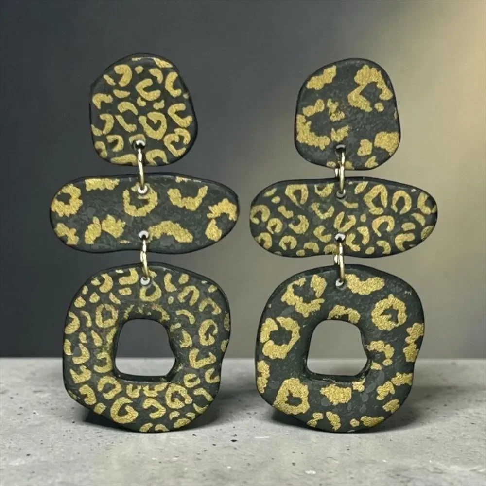 Polymer Clay Dangle Earrings Large Black & Gold Animal Print Handmade SS Posts